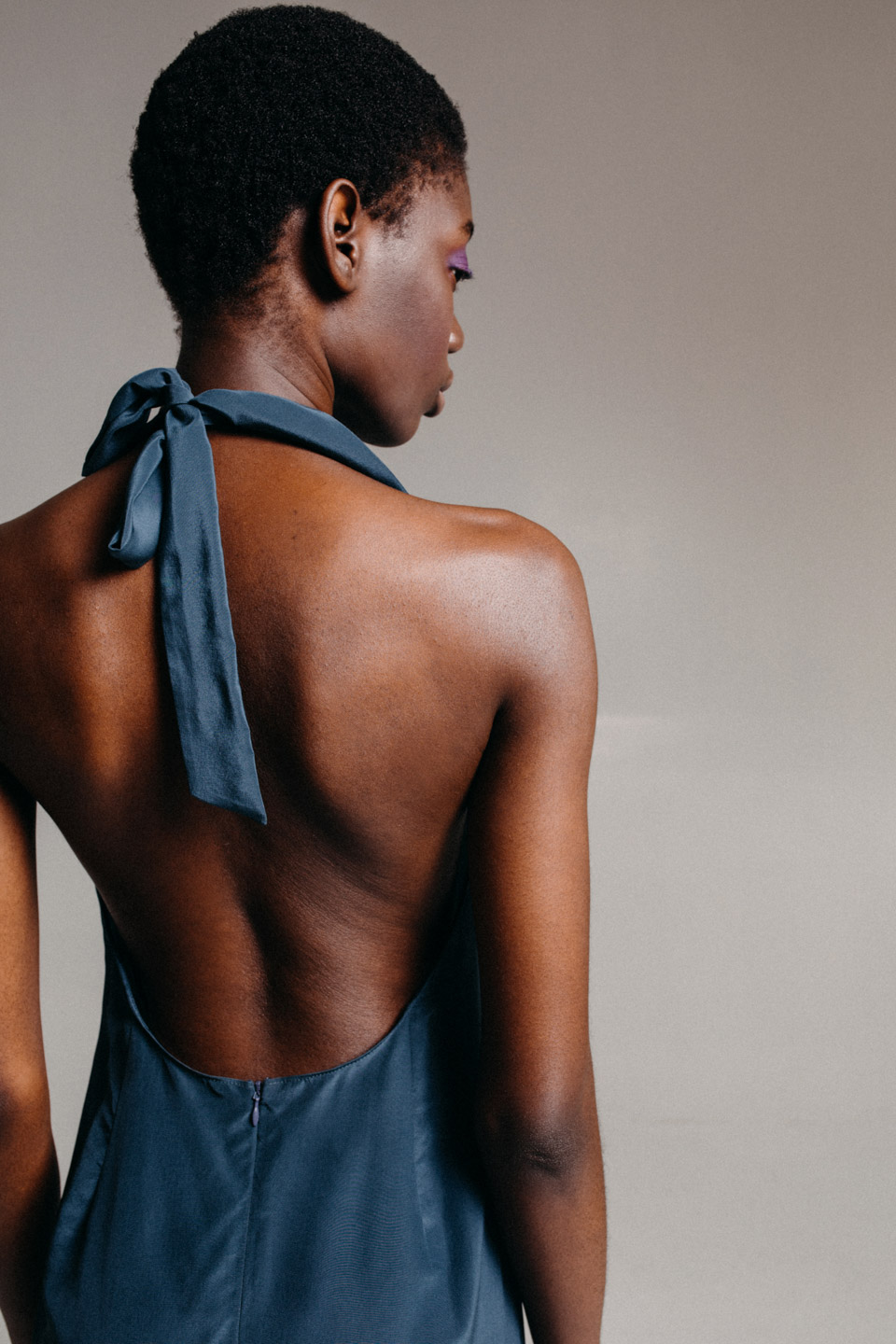 blue silk open-back dress