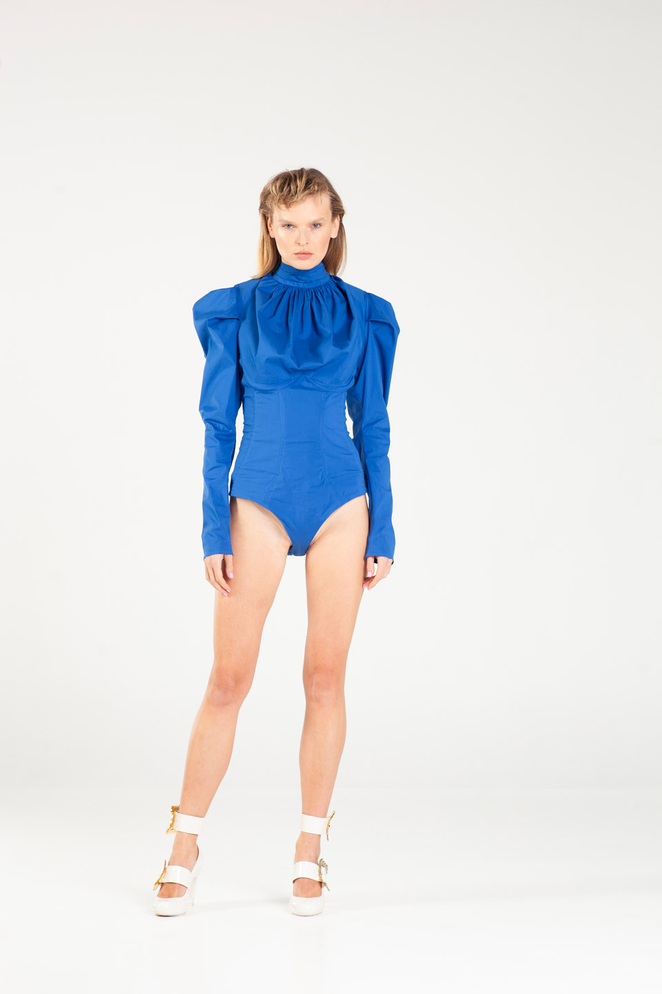 sculpted electric blue bodysuit