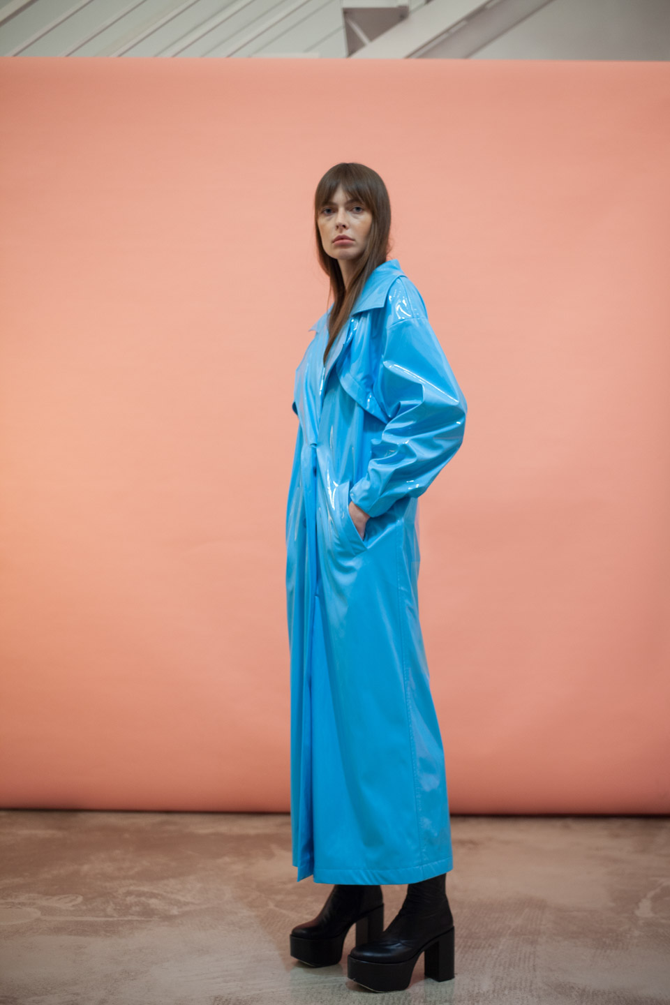 Patent Faux leather Trench Coat in blue