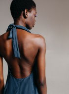 blue silk open-back dress